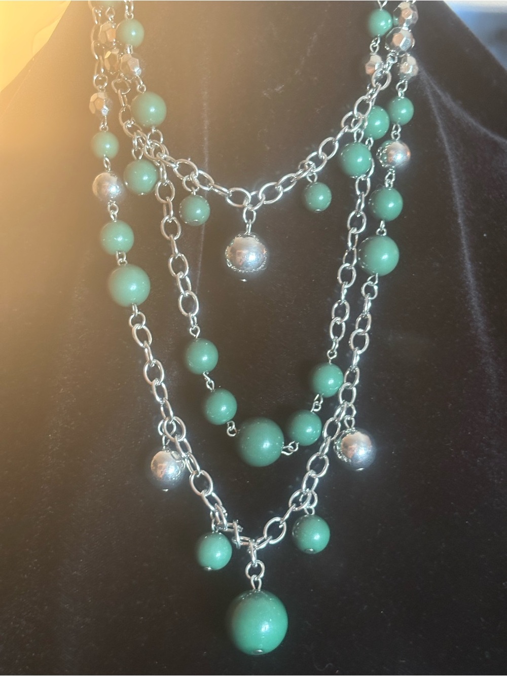Green Multi-Strand Beaded Necklace - Layered Silver Chain Accent
